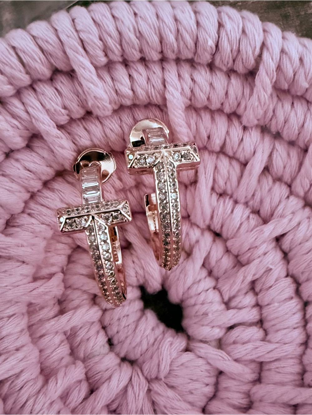 Rose Gold Vermeil Cross Huggie Earrings with CZ stone 30mm size